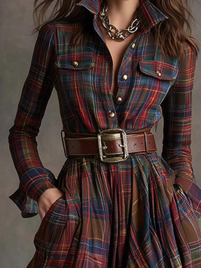 Beatriz · Long Plaid Dress with Belt