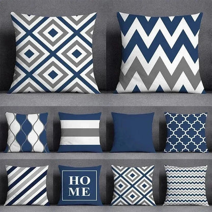 Geometric pattern blue and grey cushion covers, mix and match polyester pillowcases