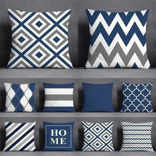 Geometric pattern blue and grey cushion covers, mix and match polyester pillowcases