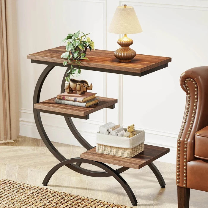 C-shaped end table with antique iron frame and rustic brown top, 3-tier storage, retro style, space-saving design