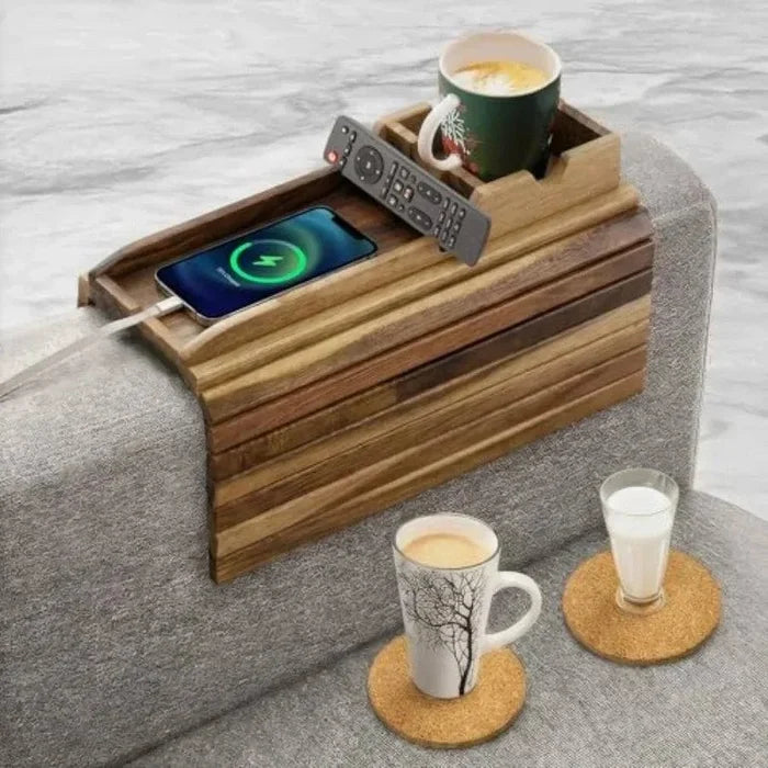 Bamboo couch cup holder tray for sofa armrest
