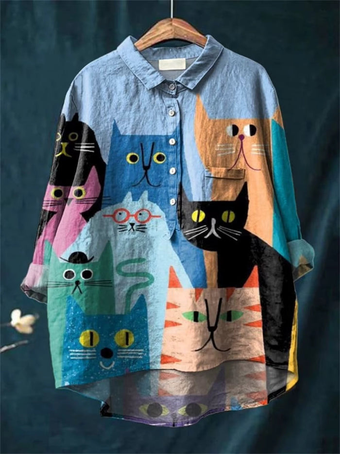 Elara | Casual Artistic Blouse for Women with Cat and Dog Print