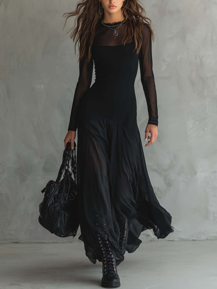 Elena · Black Maxi Dress with Sheer Sleeves
