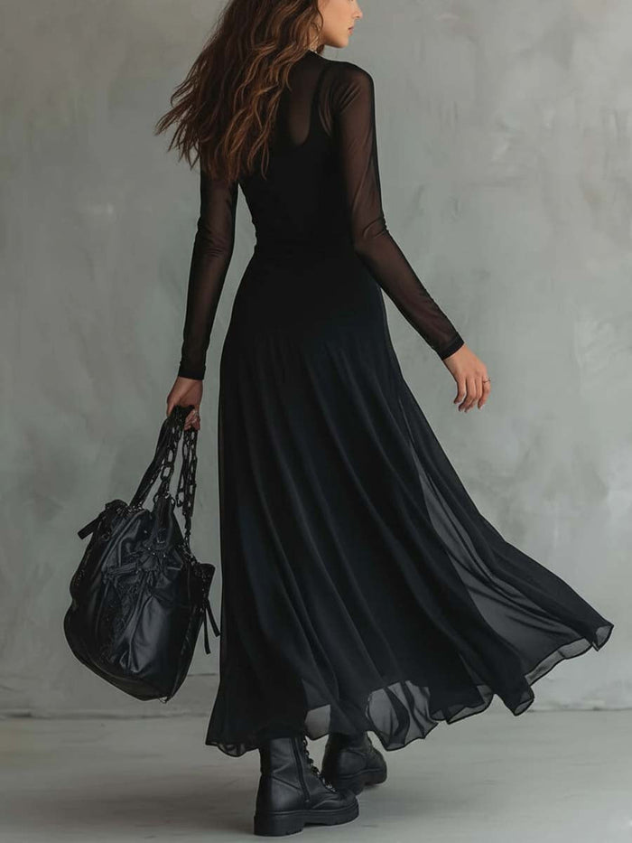 Elena · Black Maxi Dress with Sheer Sleeves