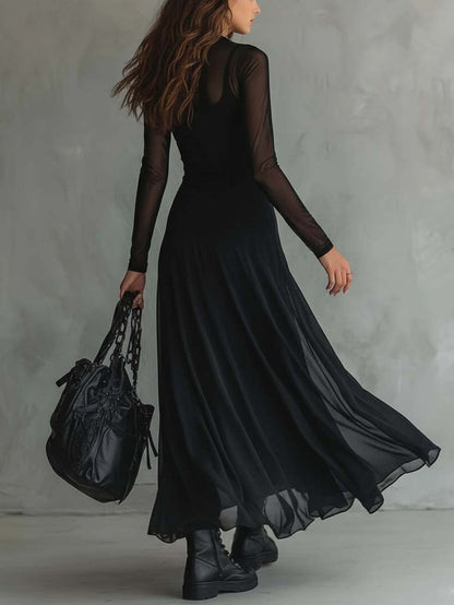 Elena · Black Maxi Dress with Sheer Sleeves