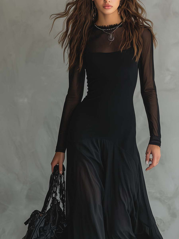 Elena · Black Maxi Dress with Sheer Sleeves