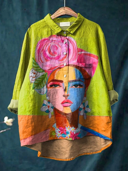 Eugen | Casual Women's T-Shirt with Freda Portrait Art Printed in Oil Paint