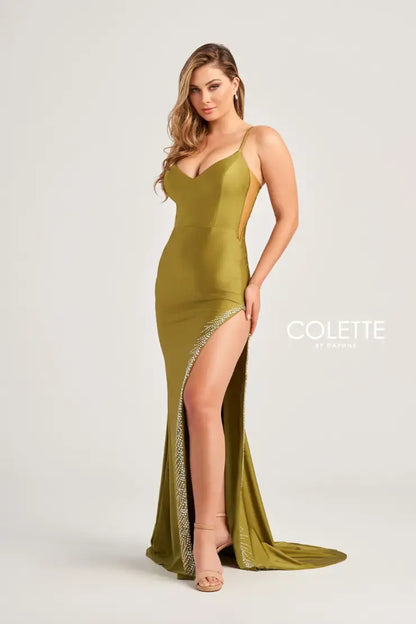 Colette CL5200 Fitted Long Formal Stone Accents Prom Dress