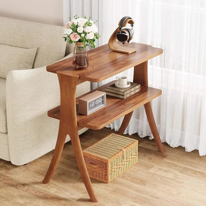 Farmhouse end table with 2-tier walnut wood design and solid wood legs for small spaces