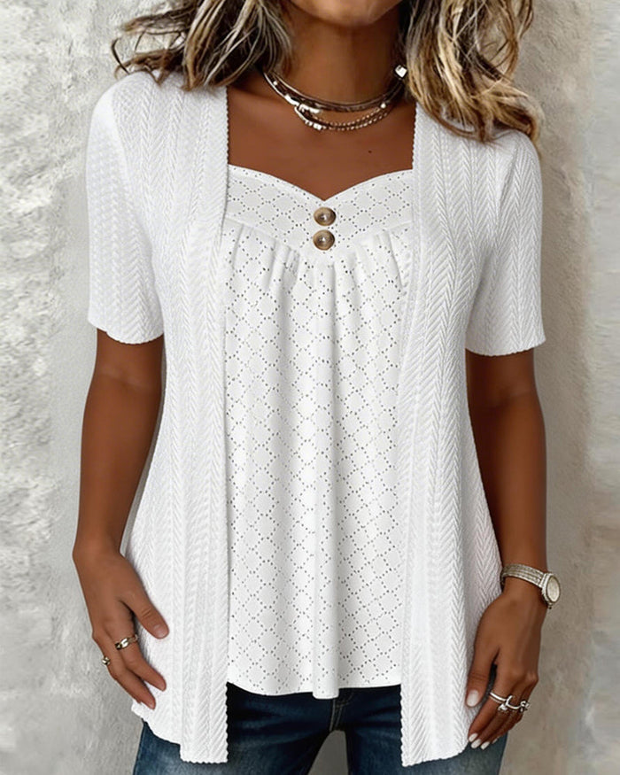 Faux Layered Square Collar Cutout Patchwork Shirt