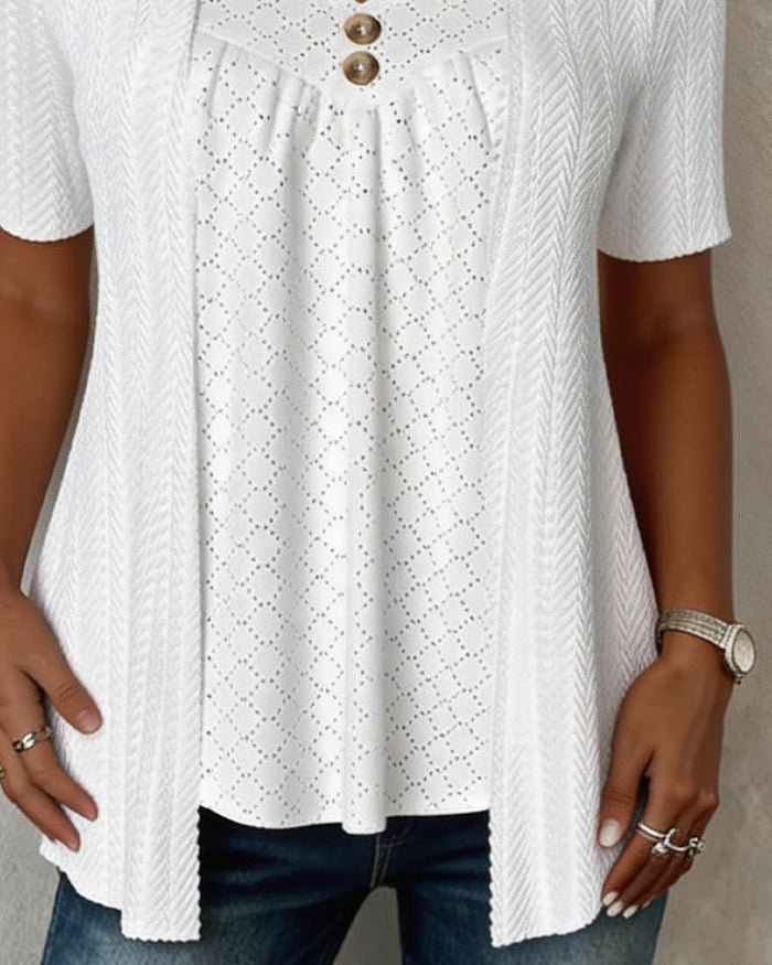 Faux Layered Square Collar Cutout Patchwork Shirt