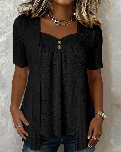 Faux Layered Square Collar Cutout Patchwork Shirt