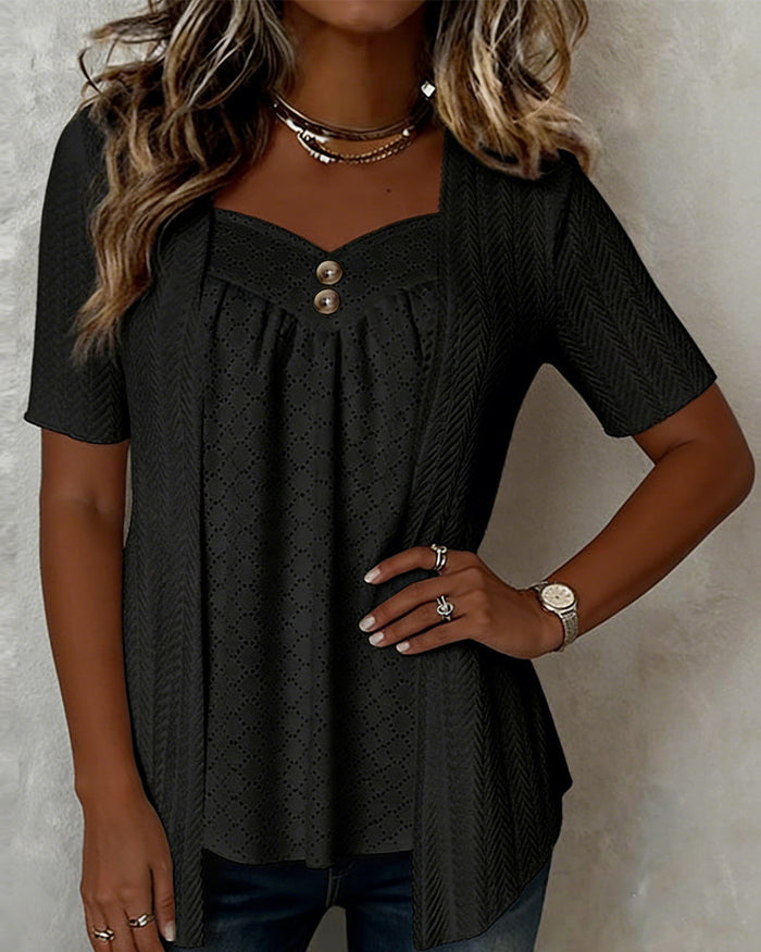 Faux Layered Square Collar Cutout Patchwork Shirt