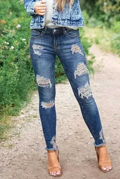 Women's Dark Blue Leopard Print Distressed Washed Skinny Jeans