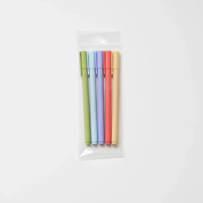 “Rainbow Gel Pen Set” – Set of 5 colored gel pens laid out on a pink journal

“Cute Desk Pen Flat Lay” – Gel pens styled with notepads, stickers, and stationery accessories