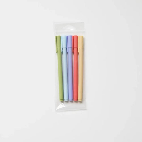 “Rainbow Gel Pen Set” – Set of 5 colored gel pens laid out on a pink journal

“Cute Desk Pen Flat Lay” – Gel pens styled with notepads, stickers, and stationery accessories