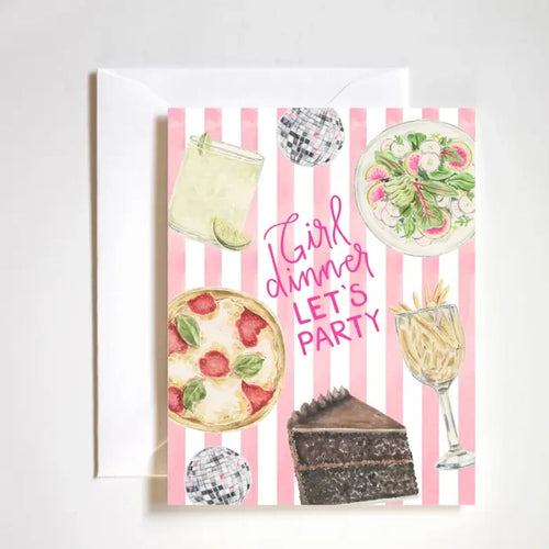 "Girls’ Night Dinner Card" – Playful A2 card featuring pizza, margaritas, salad, fries, and chocolate cake

"Besties Foodie Fun Card" – Luxe felt stock card celebrating friendship and food

"Girls’ Feast Greeting Card" – Cheeky, boutique card perfect for sending foodie love to friends