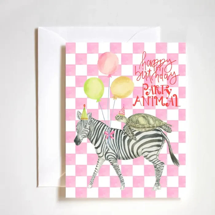 "Happy Birthday Party Animal Card" – Bright, hand-painted A2 card with festive illustration and text

"Colorful Birthday Card with Animals" – Whimsical birthday card featuring hand lettering and playful artwork

"Fun Birthday Greeting Card" – Boutique-style card printed on felt stock with party theme
