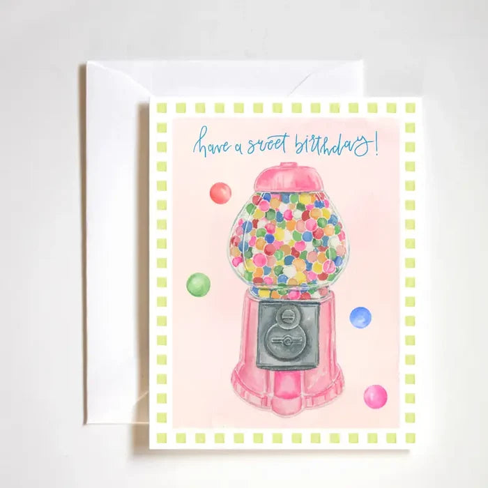"Whimsical Gumball Machine Card" – Hand-painted greeting card featuring colorful gumball machine illustration

"Sweet Nostalgia Greeting Card" – Luxe A2 card with playful, signature-style artwork and white envelope

"Dreamy Candy Machine Stationery" – Boutique card perfect for cheerful messages and fun occasions