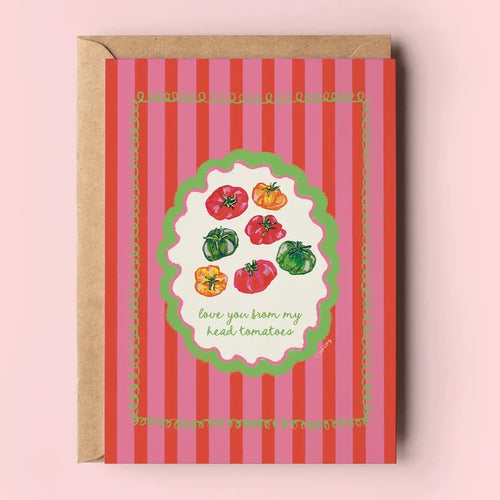 punny greeting card

tomato love card

cute food-themed card

Valentine’s Day card for foodie

gouache art card

Lauren Shelley artwork

funny anniversary card

blank card with envelope