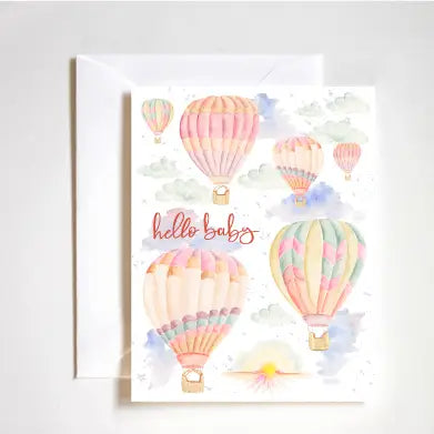 "Hot Air Balloon Baby Card" – Whimsical baby greeting card with soft, hand-painted sky and balloons

"Welcome Little One Card" – Dreamy A2 card featuring pastel hot air balloons and hand lettering

"Whimsical New Baby Stationery" – Fine art baby card with floating balloons and soft clouds