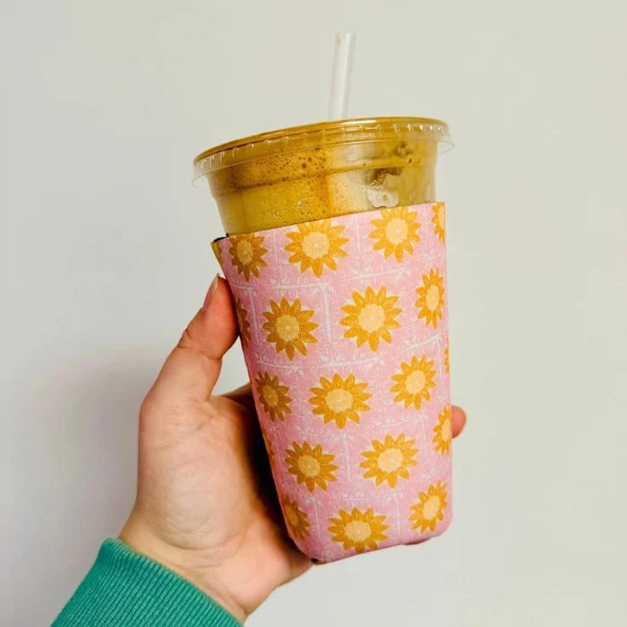 Iced Coffee Sleeve, Pink and Orange Sun Granny Square Pattern