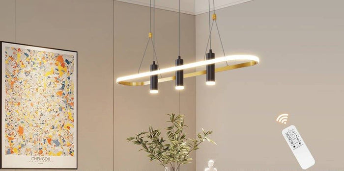 Javeriah 4-Light Black Gold dimmable LED pendant light with geometric design and remote control
