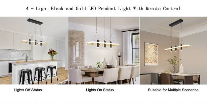 Javeriah 4 Light Black Gold dimmable LED pendant light with geometric design and remote control