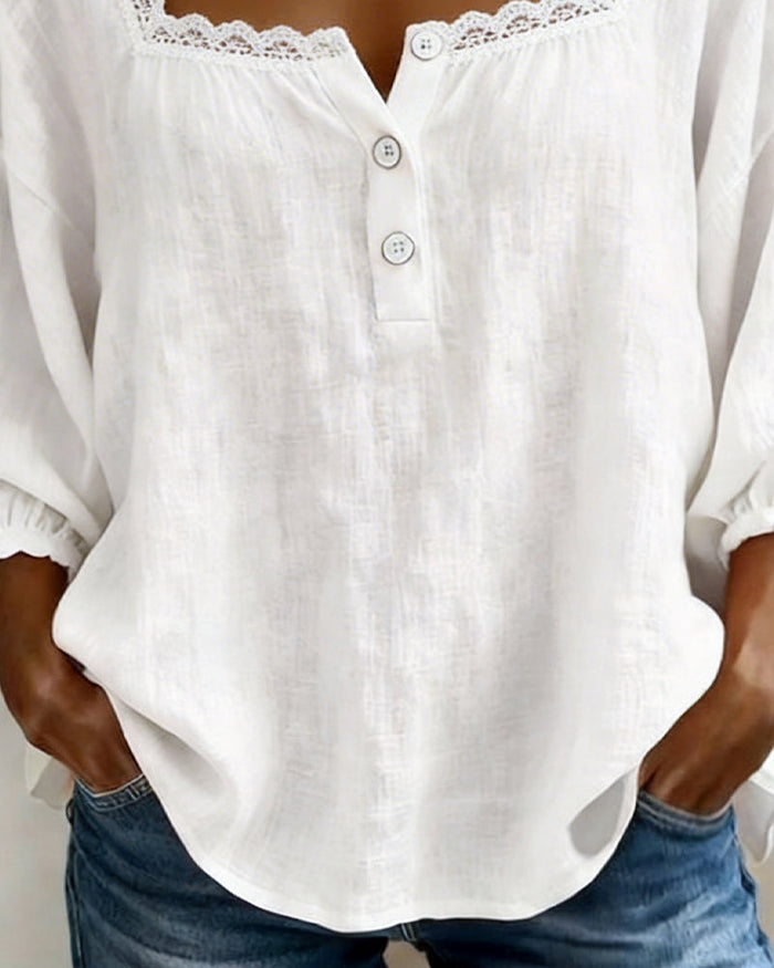 Lace Blouse with Square Neck and Puff Sleeves