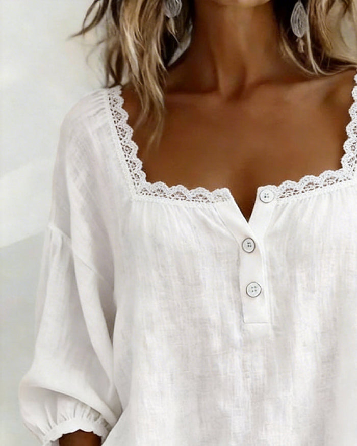 Lace Blouse with Square Neck and Puff Sleeves
