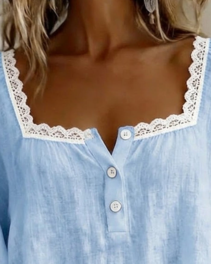 Lace Blouse with Square Neck and Puff Sleeves