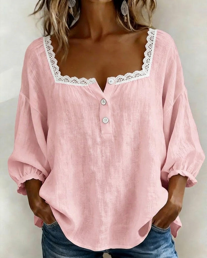 Lace Blouse with Square Neck and Puff Sleeves