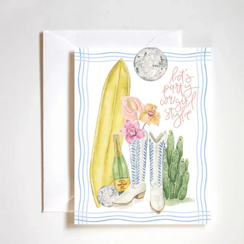 "Coastal Cowgirl Celebration" – A2 greeting card featuring a vibrant hand-painted cowgirl boot, perfect for parties

"Boots & Bubbles Card" – Luxe textured card for birthdays and bachelorette celebrations with western vibes

"Nashville Party Card" – Chic and fun cowgirl-themed card with a white envelope and clear sleeve