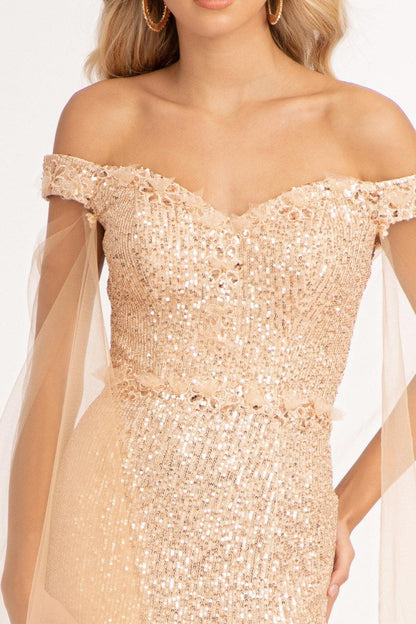 Long Off Shoulder Sequined Mermaid Prom Gown