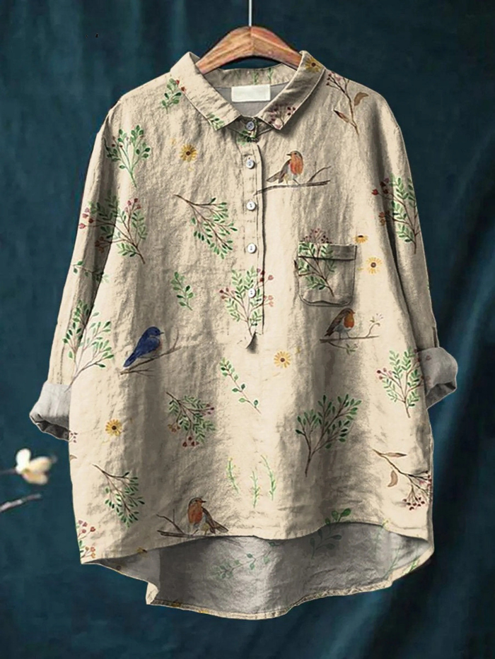 Lorelai | Women's Casual Shirt Printed with Branches and Robin Birds