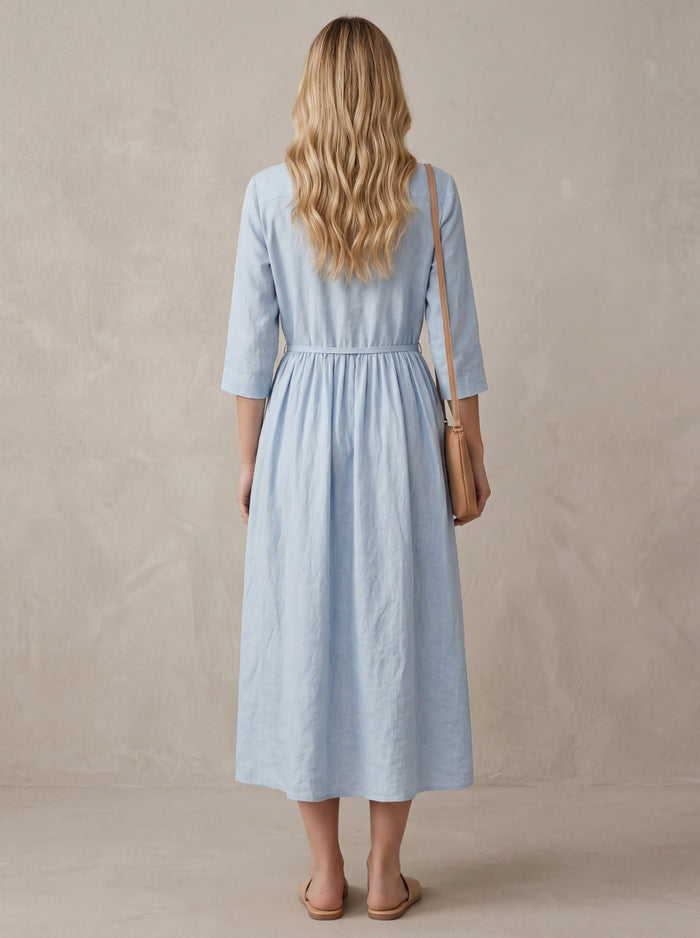 Marguerite · Blue Midi Dress with Peter Pan Collar and Adjustable Waist Tie