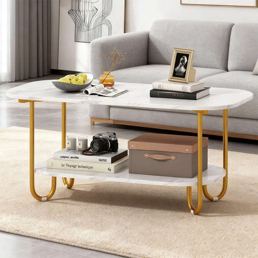 Modern 2-tier faux marble top coffee table with gold metal frame and spacious shelf