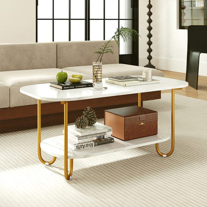 Modern 2-tier faux marble top coffee table with gold metal frame and lower shelf storage in living room setting