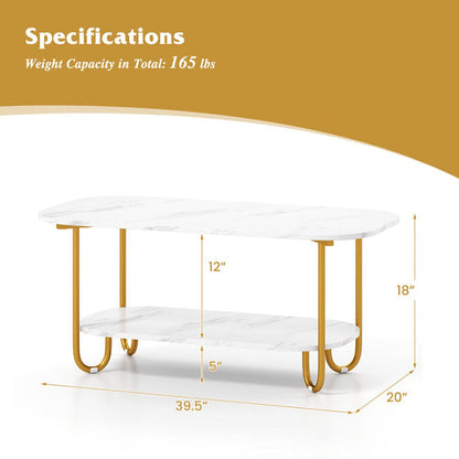 Modern 2-tier faux marble top coffee table with gold metal frame and lower shelf in living room