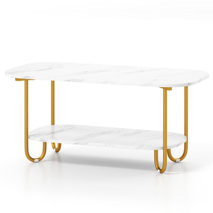 Modern 2-tier faux marble top coffee table with gold metal frame and spacious storage shelves