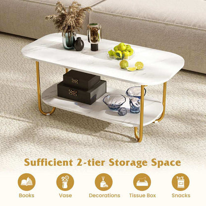 Modern 2-tier faux marble top coffee table with gold metal frame and lower shelf for versatile storage