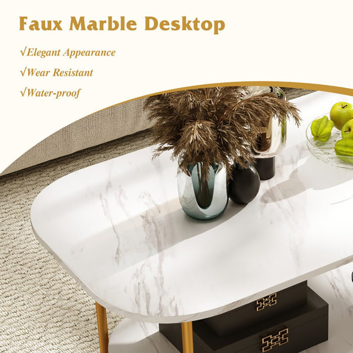 Modern 2-tier faux marble top coffee table with gold metal frame and lower shelf for storage