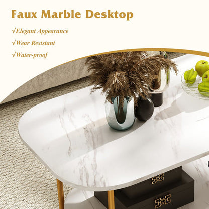 Modern 2-tier faux marble top coffee table with gold metal frame and lower shelf for storage