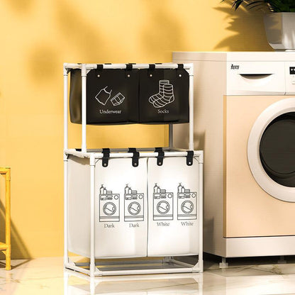 Multifunctional laundry basket with ventilated mesh sides and divided compartments for home storage and organization.