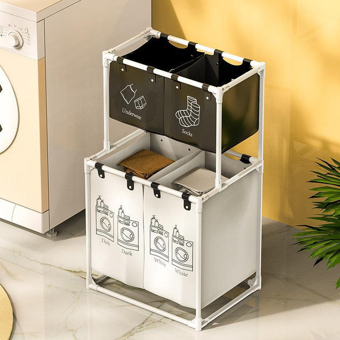 Multifunctional laundry basket with breathable mesh sides, steel frame, and divided compartments for efficient home storage and organization