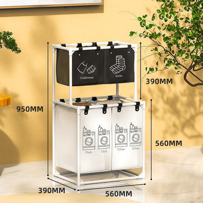 Multifunctional laundry basket with ventilated mesh sides, sturdy steel frame, and divided compartments for home storage and organization