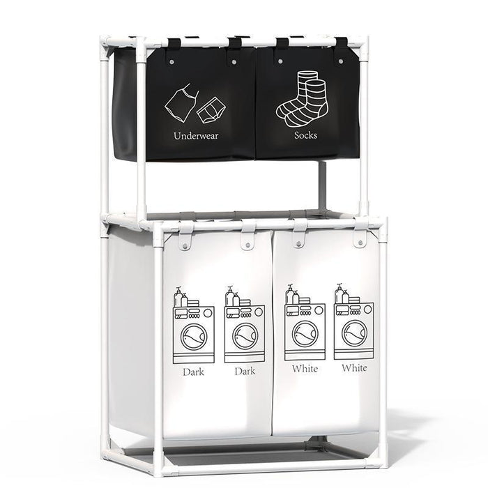 Multifunctional laundry basket with breathable mesh, steel frame, and divided compartments for home storage and organization