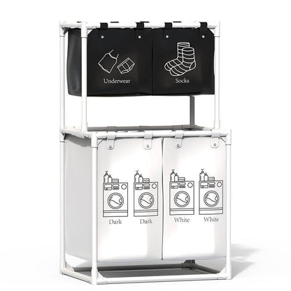 Multifunctional laundry basket with breathable mesh, steel frame, and divided compartments for home storage and organization