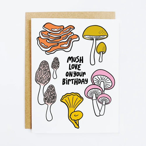 "Mushroom Birthday Love" – Cute punny card with mushroom illustration and eco-friendly packaging

"Mush Love Birthday Card" – Handcrafted birthday greeting card with playful mushroom design

"Fungi Birthday Wishes" – Whimsical card featuring pun-filled birthday message and kraft envelope