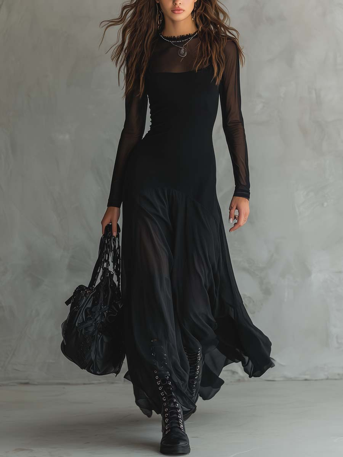 Neroa • Black Tulle Maxi Dress with Loose Fit